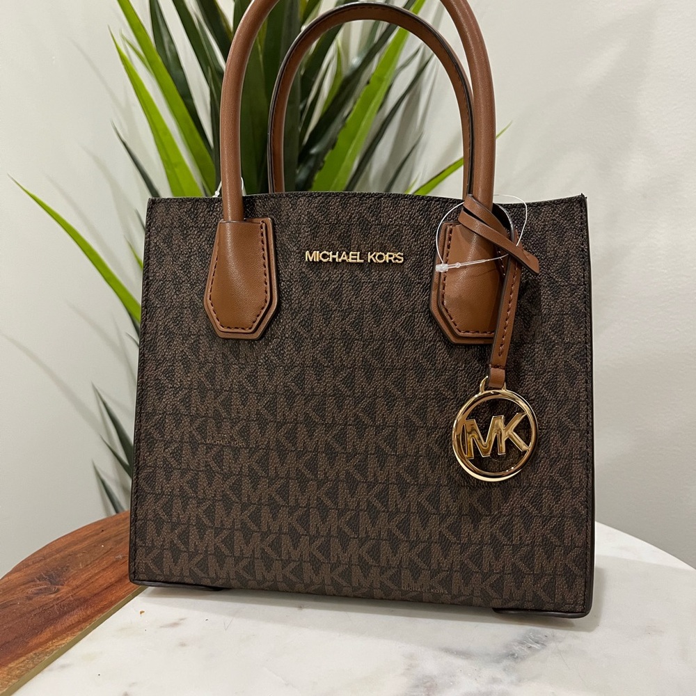 Michael Kors Brown Signature Logo Tote Bag with MK Charm – NWT
